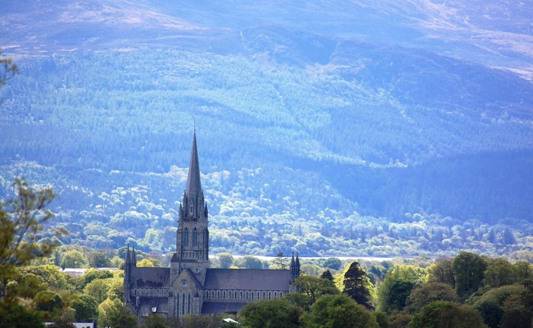 Killarney cathedral with mountains behind