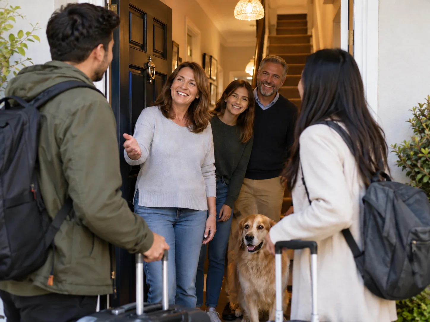 Una família d’acollida rebent estudiants adults a la porta de casa