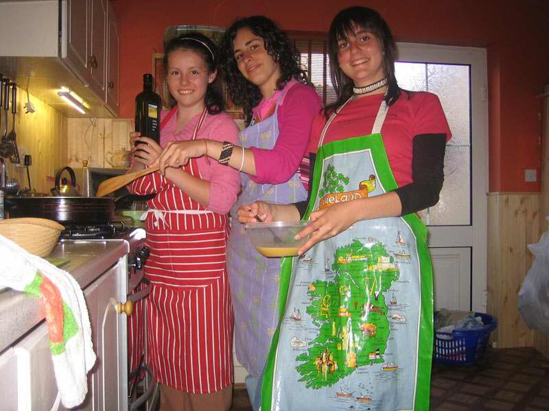 Students enjoying cooking together in a host family kitchen