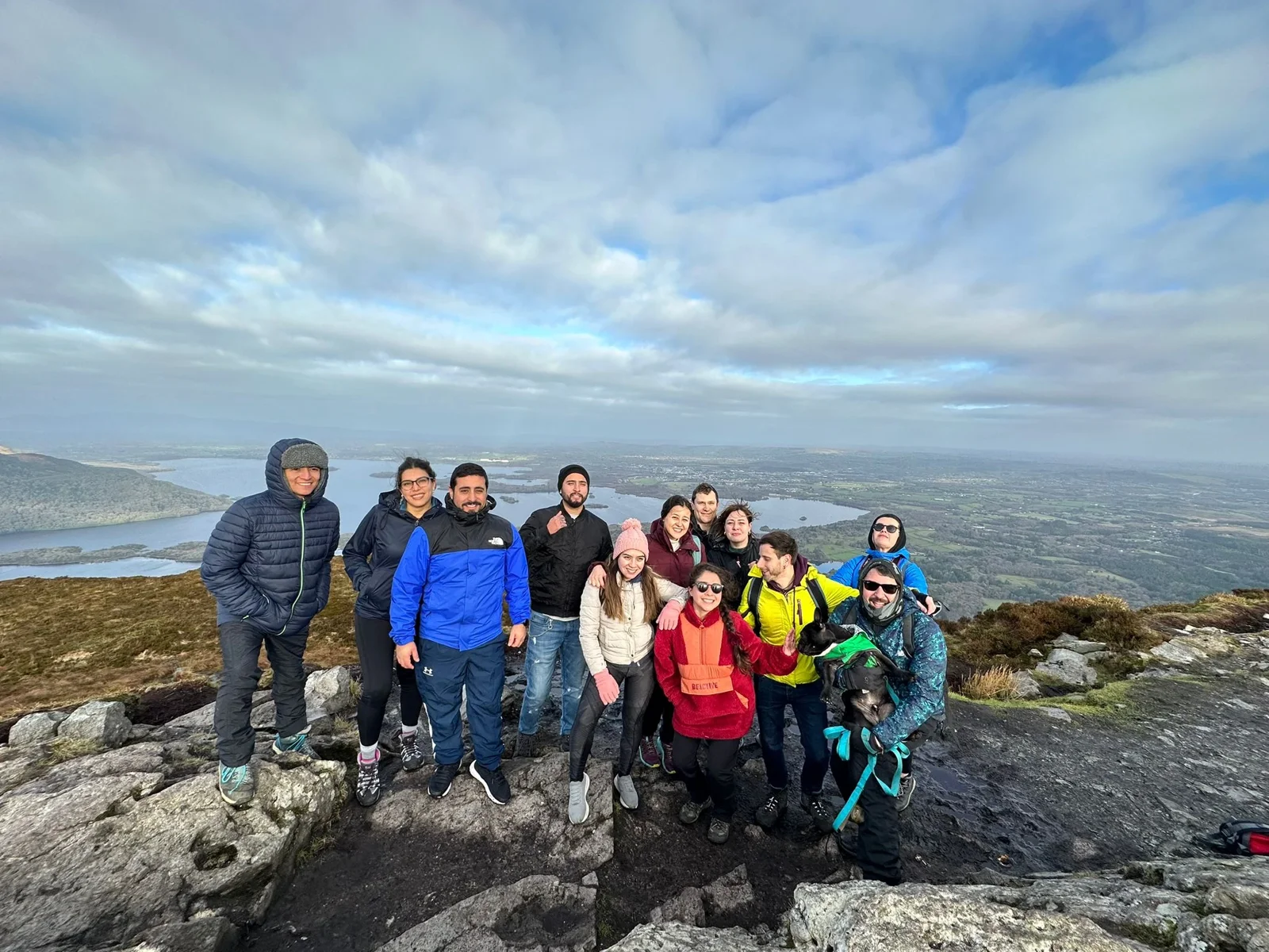 Adult students hiking together above the lakes of Killarney