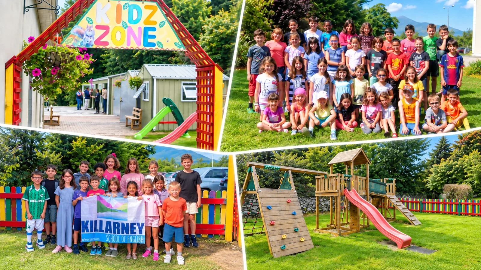 Montaje de fotos de Kidzone con su colorida entrada, niños juntos en Killarney School of English y el parque de juegos del jardín